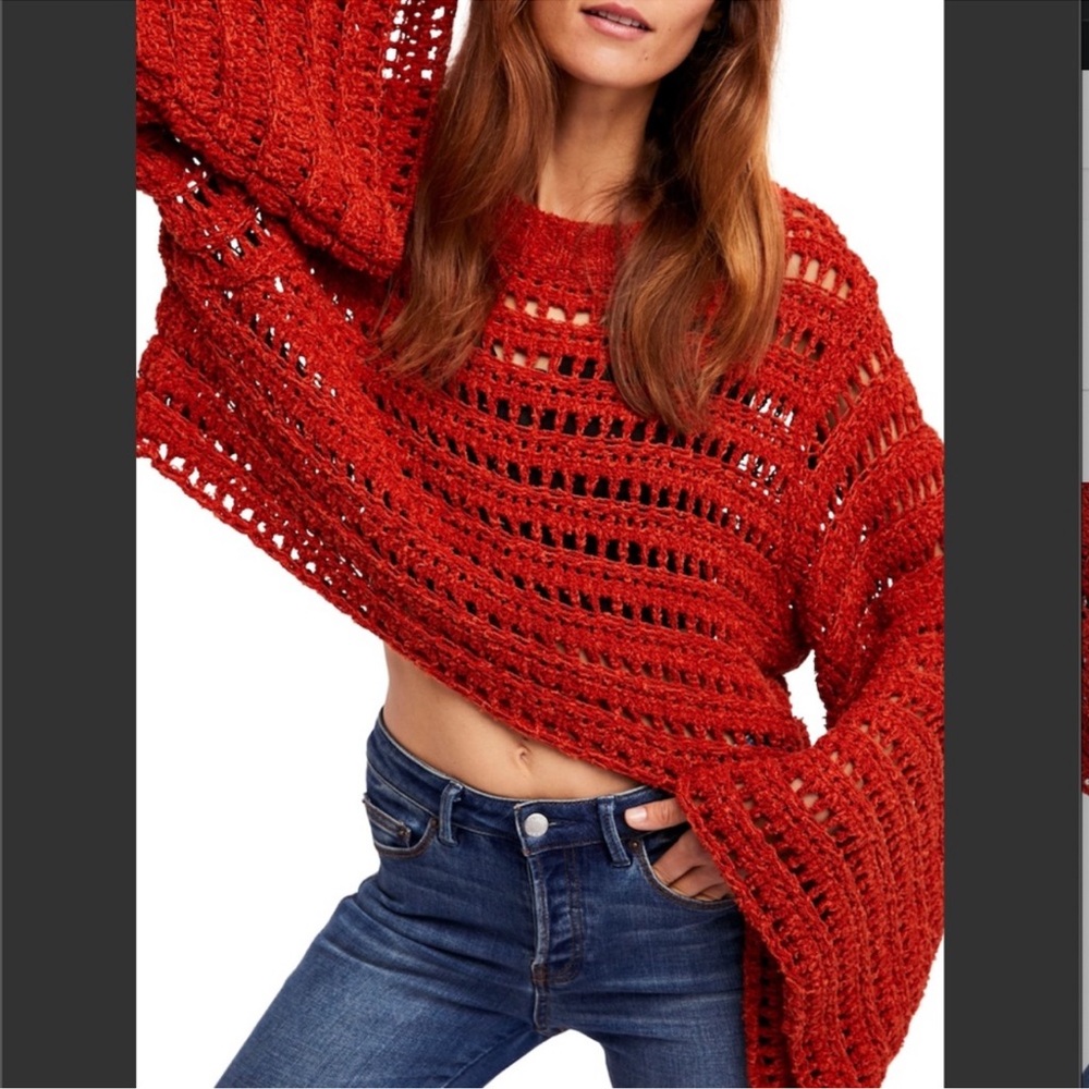 Free People Caught Up Bell Sleeve Crochet Sweater Medium‎ Super Oversized